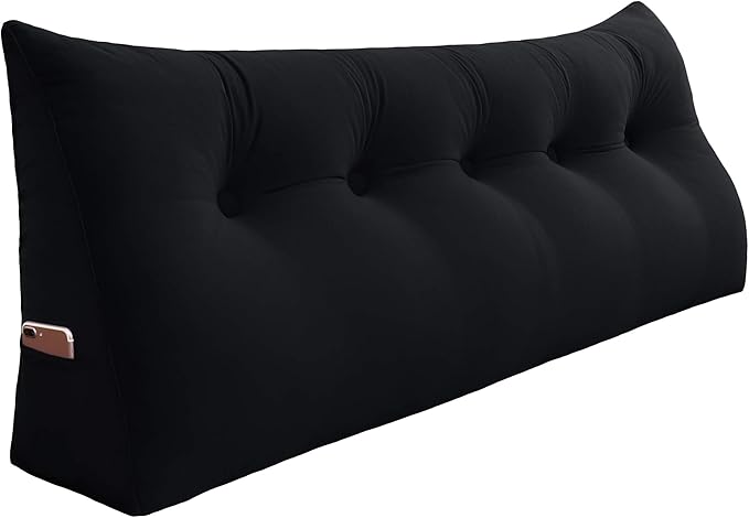 WOWMAX 100% Cotton Velvet Headboard Pillow – Queen Size Wedge Back Support Reading Bolster for Bed & Daybed, Handmade Firm Support Cushion with Removable Cover, Soft Luxury Bed Rest Pillow, Black