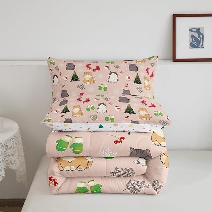 Erosebridal Christmas Cat Queen Comforter Set for Kids Boys Girls,Merry Christmas Bedding Set,Winter Snowflake Down Comforter,Xmas Tree Holiday Reversible Bed Set with 2 Pillowcases for Bedroom