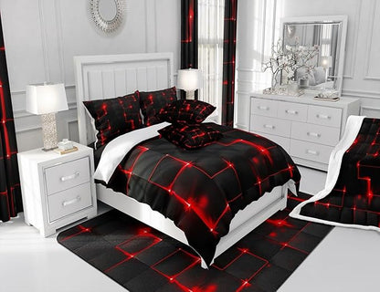 Castle Fairy Abstract Duvet Cover Set Twin Size, Modern Geometric Grid Square Quilt Cover with 1 Pillowcase, Red Neon Light Microfiber Polyester Bedding Set for Kids Boys Bedroom, Black