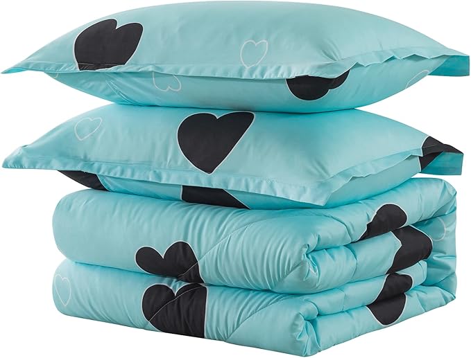 Caressma Comforter Set Twin Size - Light Blue Cute Heart Print Comforter Bedding Set, Soft Microfiber Comforter Set with Pillowsham