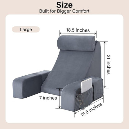 ENITYA Reading Pillow with Arms for Bed Support, 21" Large Back Support Pillow for Sitting up, Wedge Pillow for Reclining, Watching TV, Reading, Gaming, Resting in Bed, Couch or Floor, Grey