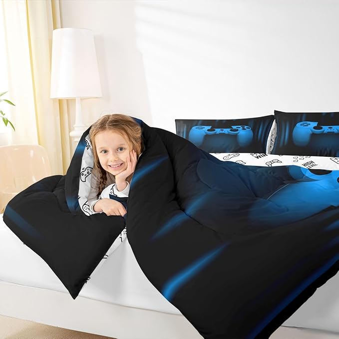 Feelyou Boys Gamer Comforter Set Full Size Bedding Set for Kids Gaming Comforter Blue Black Video Games Gamepad Room Decor for Teens Child Super Soft Geometric Duvet Quilted Son Grandson Gift