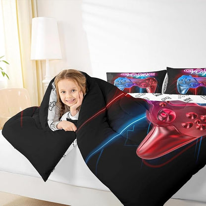Feelyou Boys Gaming Comforter Set Toddler Size Teens Gamer Bedding Set Modern Blue Red Video Game Controller Comforter for Kids Children Youth Bedroom Decor Gamer Console Action Buttons Duvet Set