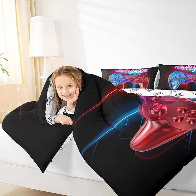Boys Gaming Comforter Set Full Size Teens Gamer Bedding Set Modern Blue Red Video Game Controller Comforter for Kids Children Youth Bedroom Decor Multi-Color Gamer Console Action Buttons Duvet Set