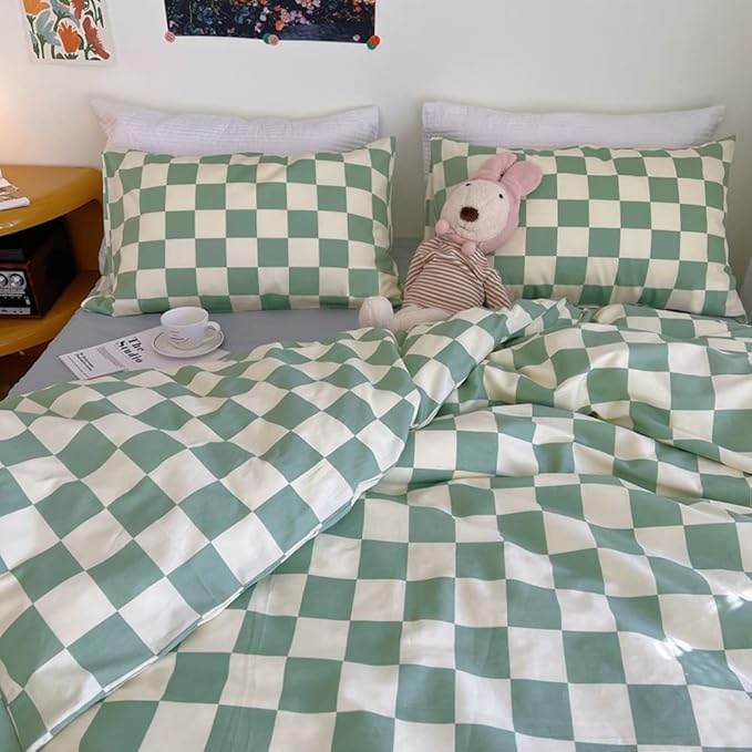 Wellboo Green and White Comforter Sets Twin Women Men Sage Green Checkerboard Grid Bedding Comforters Cotton Boys Girls Modern Grass Green Plaid Checkered Quilts Modern Buffalo Geometric Abstract Bed