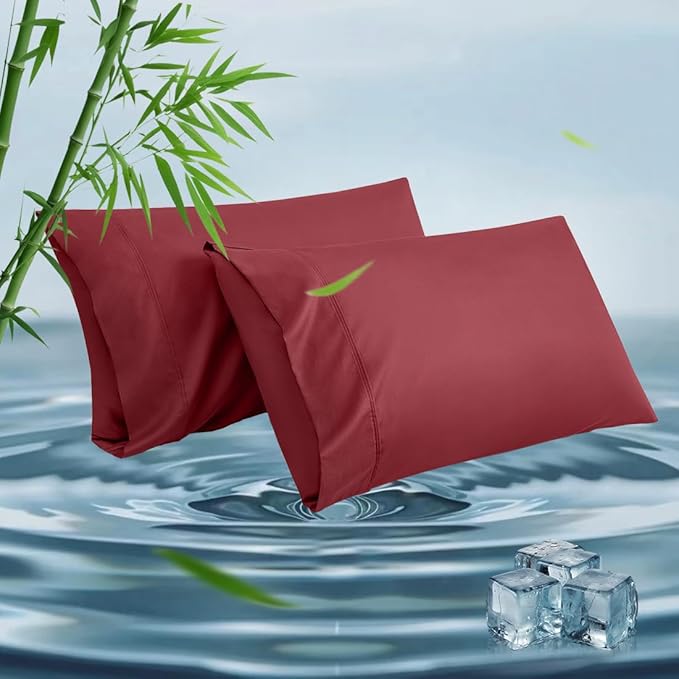 Standard Pillowcases, Cooling Viscose from Bamboo Pillow Covers with Envelope Closure, Soft Moisture-Wicking for Hot Sleepers, Hair and Skin-Friendly, Burgundy, 2 Pack