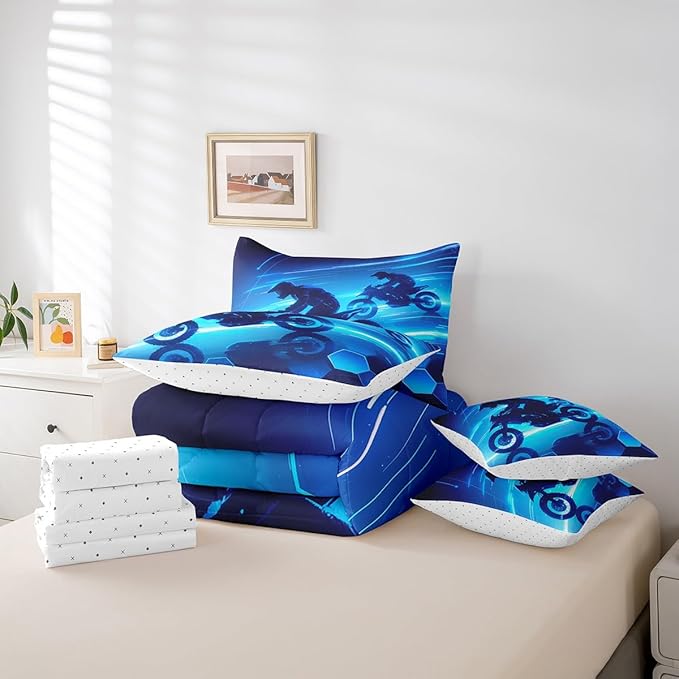 Feelyou Dirt Bike Comforter Set with Sheets King Size Racing Motocross Rider 7 Piece Bedding Set for Kids Boys Girls Teens Toddler Extreme Sports Bed in a Bag Blue Bed Set