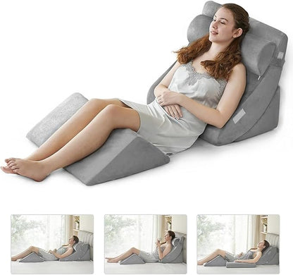 4Pcs Wedge Pillow for Sleeping, Orthopedic Bed Wedge Pillows for After Surgery, Foam Triangle Sit Up Pillow Wedge for Back, Neck, Shoulder Support, Leg Elevation, Acid Reflux, Gerd, Snoring Light Grey