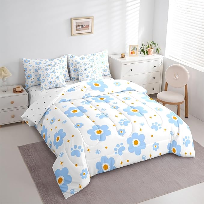 Feelyou Blue Flower 7 Piece Bedding Set Cute Dog Paw Print Comforter Set with Sheets for Kids Boys Girls Star Print Bed in a Bag Kawaii Bed Set Soft Lightweight