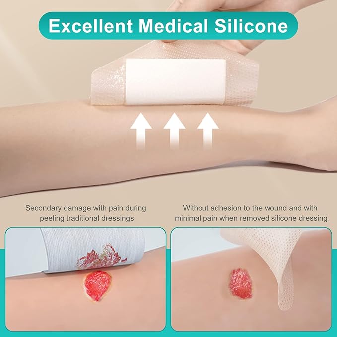 Dimora Silicone Foam Dressing Silver Ag Sterile Wound Bandage with Gentle Silicone Adhesive Border 4"x 4" Waterproof Breathable Ultra Absorbent Pads