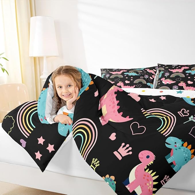 Castle Fairy Lovely Dino Kids Comforter Set Toddler Size,Cute Rainbow Floral Love Heart Reversible Quilt Set for Boys Bedroom Decor,Pink Black Dinosaur Kawaii Animal Duvet Insert,1 Pillowcase