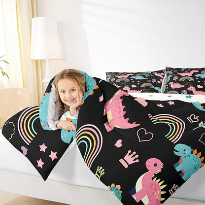 Castle Fairy Lovely Dino Kids Comforter Set King Size,Cute Rainbow Floral Love Heart Reversible Bedding Set All Season Quilt,Pink Black Dinosaur Kawaii Animal Microfiber Polyester Down Comforter