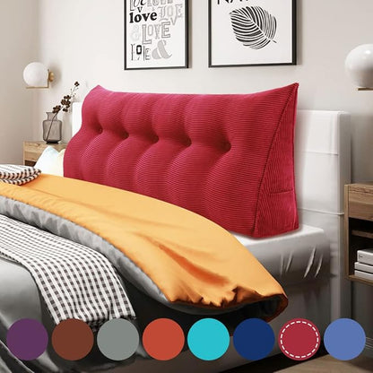 WOWMAX 100% Cotton Corduroy Headboard Pillow – Queen Size Back Support Reading Wedge for Bed & Daybed, Plush Handmade Bolster Cushion with Removable Cover, Cozy Bed Rest Pillow, Red