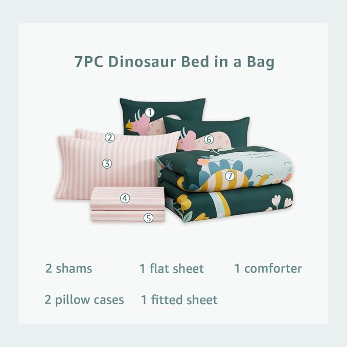Queen Comforter Sets for Girls, Dinosaur Kids Bedding Set with Cute Floral, All Season Boys Teen Bed in a Bag 7 Pieces with Sheets, Pillowcases & Shams