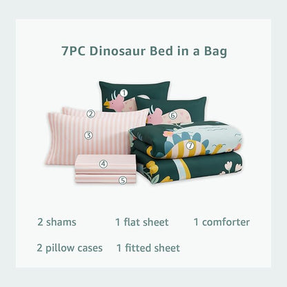 Full Size Comforter Sets for Girls, Dinosaur Kids Bedding Set with Cute Floral, All Season Boys Teen Bed in a Bag 7 Pieces with Sheets, Pillowcases & Shams