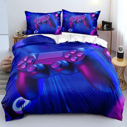 3D Print Gamepad Queen Size Bed Blue Gaming Duvet Cover Set Boys Comforter Covers and Pillow Shams Gamer Bedroom Decorations Bedding Sets