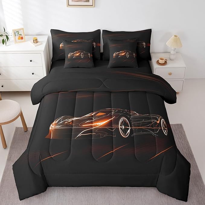 Feelyou Orange Race Car 7 Piece Bedding Set King Size for Kids Boys Extreme Sport Games Comforter Set with Sheets Teens Toddler Fast and Furious Bed in a Bag Cool Modern Bed Set