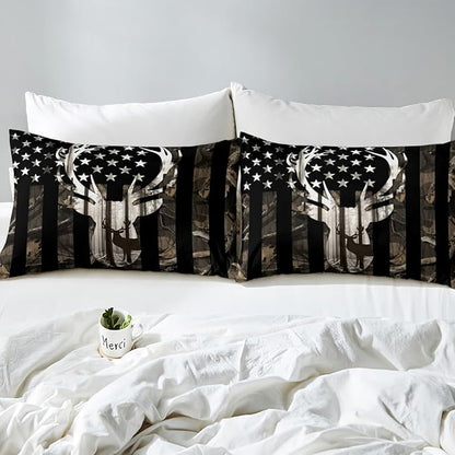 Deer Antlers Camo King Size Comforter Cover, Gray Camouflage American Flag Stars Stripes Print Duvet Cover Bedroom Decor, Wild Animal Hunting Farm Branches Leaves Bedding Set with 2 Pillowcases