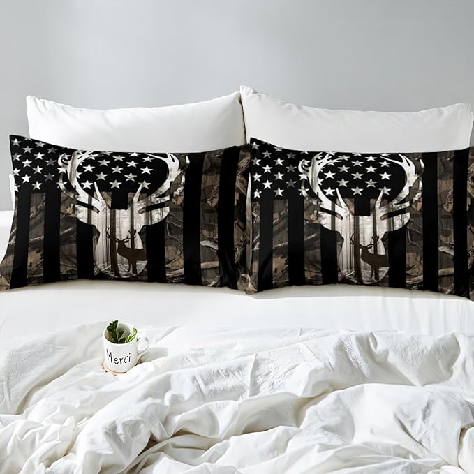 Boys Camo American Flag Duvet Cover Twin Size, Gray Deer Antlers Animal Silhouette Natural Bedding Comforter with 1 Pillowcase, Camouflage USA Flag Rustic Hunting Bedding Set for Kids Room Decor