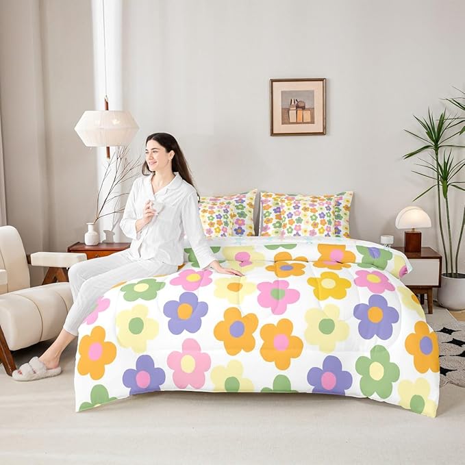 Feelyou Cute Flower 7 Piece Bedding Set Colorful Floral Comforter Set with Sheets for Kids Boys Girls Kawaii Theme Bed in a Bag White Bed Set Soft Lightweight