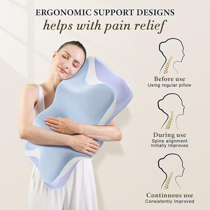 Cervical Pillow for Sleeping - Cooling Ergonomic Memory Foam Pillows for Neck Pain Relief, Contour Neck Support Pillow for Side, Back, Stomach Sleepers with Anti-Pilling Pillowcase (Sky Blue)