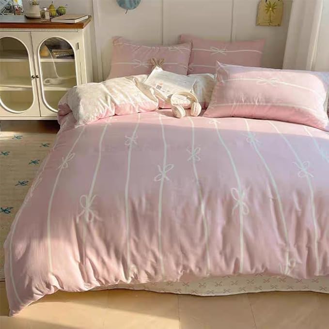 Striped Duvet Cover Queen Size Pink White Bow Stripes Bedding Set 3Pcs Kids Boys Girls Princess Style Kawaii Bowknot Comforter Cover with Zipper Closure & Corner Ties