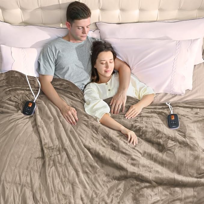 Bearhug Velvet Electric Blanket King Size 100" x 90" Taupe Double Sided 10 Heating Levels & 0.5-12H Auto Off Over-Heat Protect ETL Certified,Machine Washable,Dual Controller