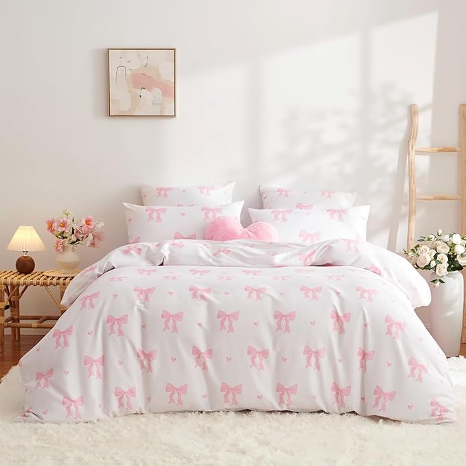 Bow Bedding Duvet Cover Queen 3Pcs Pink Heart Bedding Set for Girls Kids,Cute Princess Style Bowknot Love Heart Design,Ultra Soft Comforter Cover with 2 Pillowcases(No Comforter)
