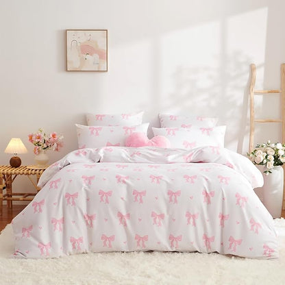 Bow Bedding Duvet Cover Queen 3Pcs Pink Heart Bedding Set for Girls Kids,Cute Princess Style Bowknot Love Heart Design,Ultra Soft Comforter Cover with 2 Pillowcases(No Comforter)