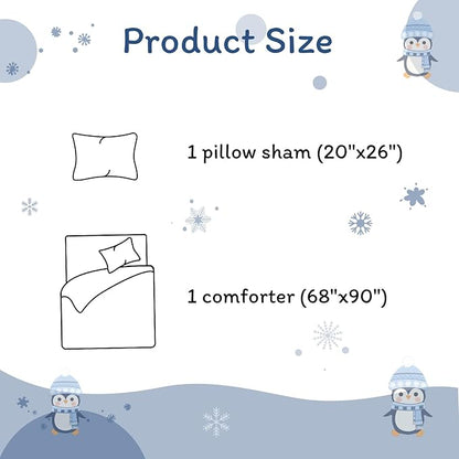 JSD Penguin Snowflakes Kids Christmas Comforter Set Twin Size, 2 Piece Xmas Printed Microfiber Bedding Set, Machine Washable