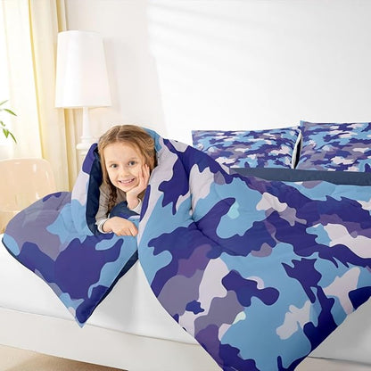 Camouflage Print Kids Comforter Set Twin Size,Blue Gray Purple Reversible Bedding Set for Teens Bedroom,Army Camo Pattern Abstract Quilted Duvet with 1 Pillowcase