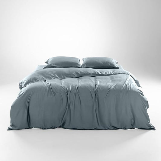 Olive + Crate Tencel Eucalyptus Cooling Duvet Cover Set - Hypoallergenic, Lyocell Tencel Duvet Cover - Soft, Temperature Regulating with Hidden Button Closure & Corner Ties - Queen Size [Basalt Blue]