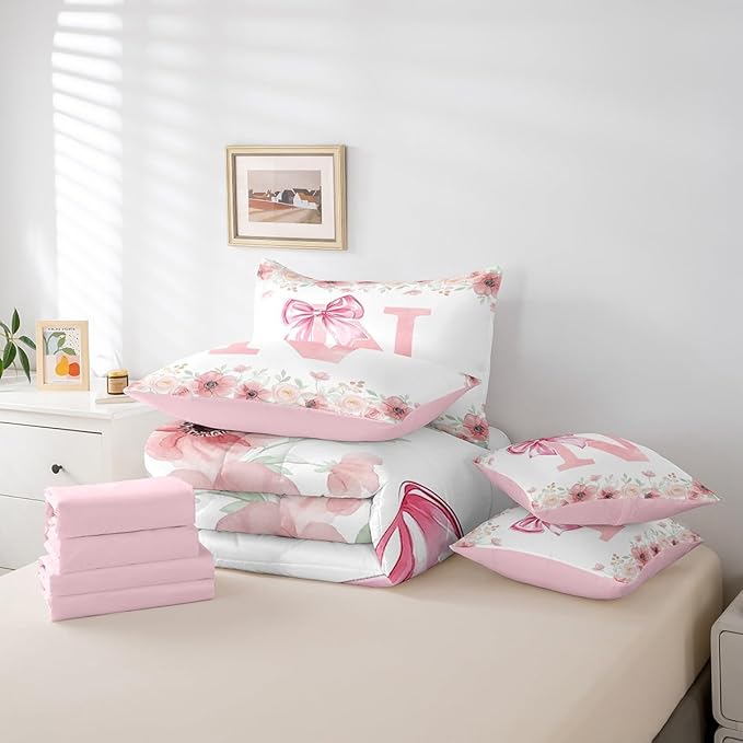 Erosebridal Initial Letter N Bed in A Bag King Size for Women Teen Girls Pink Alphabet Kids Bedding Sets Romantic Dreamy Bowknot Bed Set Bedroom Decor Spring Fresh Style Comforter Set with Sheets