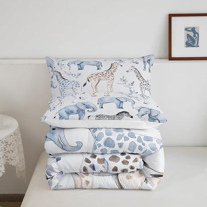 Castle Fairy Elephant Giraffe Bedding Set Full Size Africa Tropical Animal Comforter Set for Girls Boys Room Decor Watercolor Leaves Down Comforter Wild Zebra Quilt Set with 2 Pillowcases