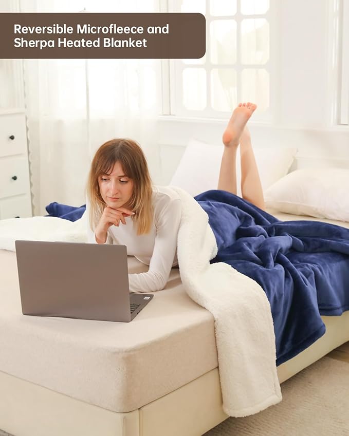 Electric Heated Blanket Throw Size, Washable Blanket Warmer for Home for Adults, Fast Heating Super Cozy Soft Flannel 50" x 60", 9 Heat Levels, 1-9H Auto-Off, ETL Certified, Navy Blue