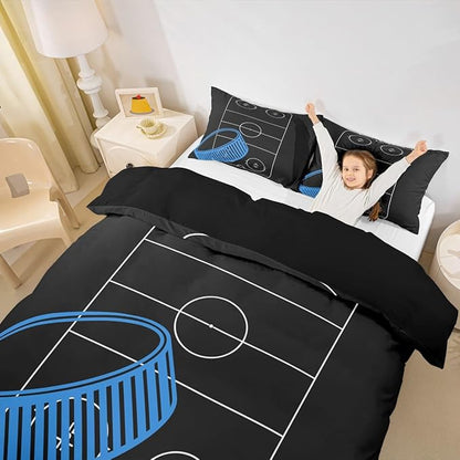 Ice Hockey Rink Print Duvet Cover Set Full Size, Ball Sports Games Themed Comforter Cover with 2 Pillowcases,Blue Hockey Stick Sporting Equipment Bedding Set for Girls Teens Present, Soft Microfiber