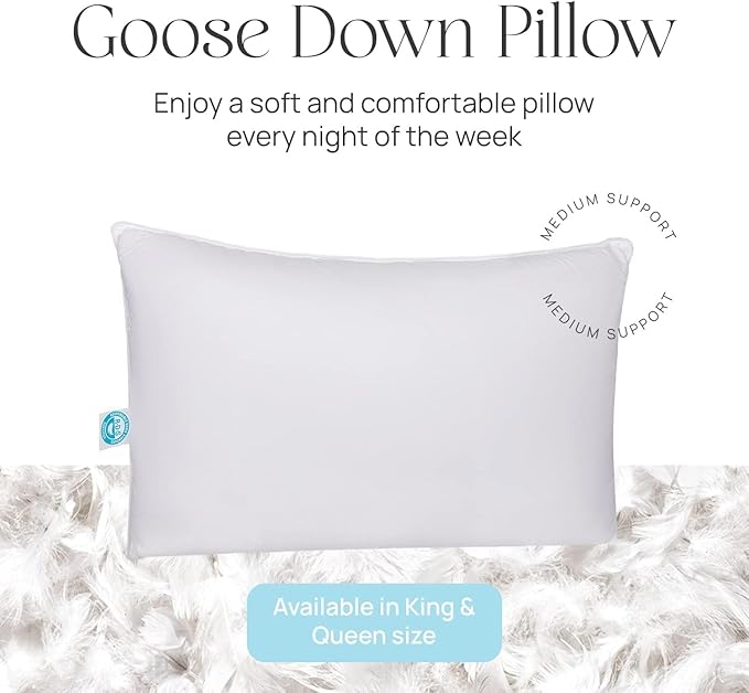 Pure Dream Firm Pillow Queen Pillow Medium Support, Queen Size 20x30 Inch Goose Feather Down Pillows, 100% Cotton Shell Pack of 1