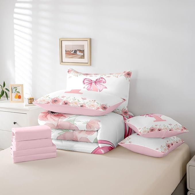 Erosebridal Initial Letter I Bed in A Bag for Girls Kids Young Woman, Cute Pink Bow Tie Bowknot Bedding Sets Flower Floral Dreamy Princess Style Comforter Set with Sheets Twin Size 7 Pieces