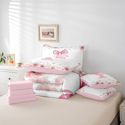Erosebridal Initial Letter I Bed in A Bag for Girls Kids Young Woman, Cute Pink Bow Tie Bowknot Bedding Sets Flower Floral Dreamy Princess Style Comforter Set with Sheets Twin Size 7 Pieces