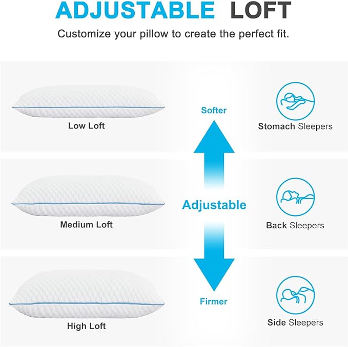 VVZ Cooling Bed Pillows Queen Size Set of 2, Shredded Memory Foam Pillows for Side Back Stomach Sleepers, Luxury Cool Gel Adjustable Firm Bed Pillows for Sleeping 2 Pack Queen Size 20 x 30 Inches