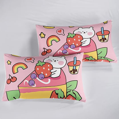 QOOMO Kawaii Bear Comforter Full,Pink Bear Bedding Set for Kids Teens Girls,3Pcs Bedding Set Printed Comforter with 2 Pillowcases,Down Alternative,Soft and Lightweight，Full Size