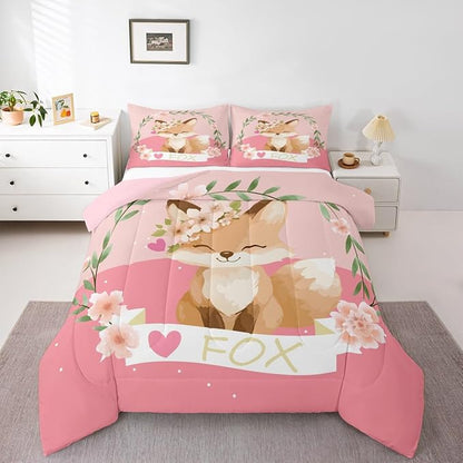 Feelyou Girls Cartoon Fox Comforter Set Cute Fox Bedding Set for Kids Boys Girls Kawaii Animal Duvet Set Botanical Floral Comforter 1 Comforter Set with 2 Pillowcases Full Size