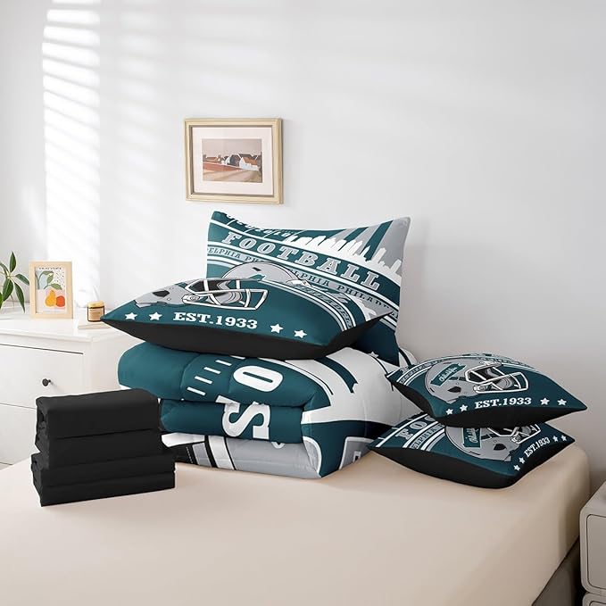 Erosebridal Kids Football Sports Seasonal Comforter Set, Sports Fans Gifts, Football Comforter + Flat Sheet + Fitted Sheet + 2 Pillowcases + 2 Throw Pillow Covers, King