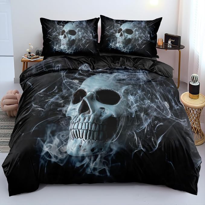 Queen Size 3D Skull Duvet Cover Halloween Bed Set Spooky Bedding Sets for Boys Horror Gothic Bedroom Decor
