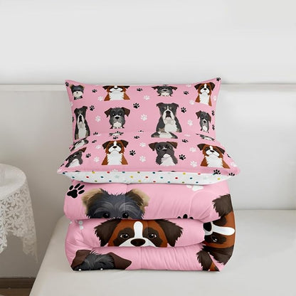 Castle Fairy Cute Dogs Comforter Set Queen Size 3 Pcs,Cartoon Watercolor Puppy Animals Bedding Sets for Kids Girls Teen,Black White Paw Print Quilted Comforter with 2 Pillowcases