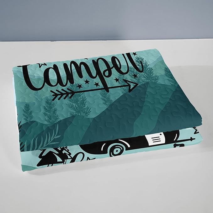 QOOMO Camping Quilt Set King Size,Camping Bedspread Coverlet Set,3Pcs Bedding Set Printed Quilt with 2 Pillowcases,Soft and Lightweight,for All Seasons