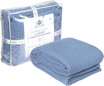 HILLFAIR 100% Combed Cotton Blanket– Twin Size Bed Blankets– Warm Soft All Season Breathable Lightweight Summer Blankets– Waffle Weave Home Decor Bed Blanket- Blue Twin Bed Cotton Blankets/Bedcovers