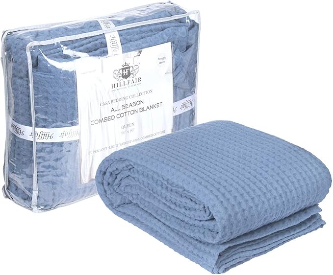 HILLFAIR 100% Combed Cotton Blanket– Queen Size Bed Blankets– Warm Soft All Season Breathable Lightweight Summer Blankets– Waffle Weave Home Decor Bed Blanket- Blue Queen Bed Cotton Blankets/Bedcovers