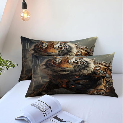 Tiger Bed Sheets Mechanical Style King Size with A Pillow Cases Standard Size,Black Tiger Print Sheet Set for Kids Boys Girls Gorgeous Animal Skin Bedroom Decor, Animal Fitted Flat Sheet
