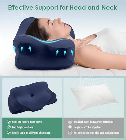 DONAMA Cervical Neck Pillow- Ergonomic Pillows for Pain Relief, Contour Memory Foam Pillow for Side/Back/Stomach Sleepers, CertiPUR-US Certified with Cooling Ice Silk Pillowcase